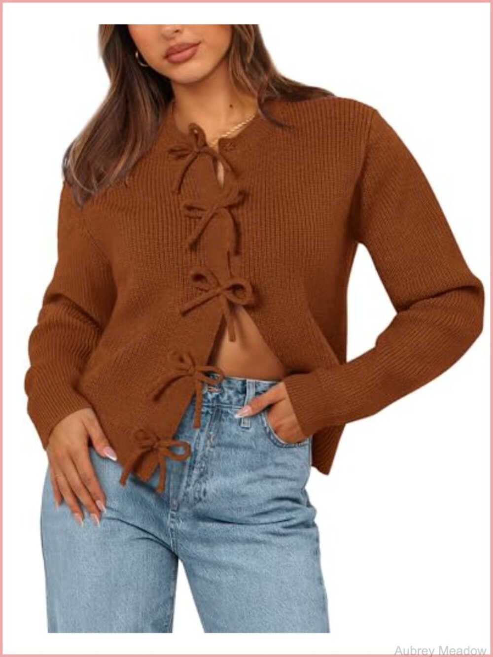 Open Front Bow Cardigan Long Sleeve Cropped Sweater Ribbed Knit Snap Closure